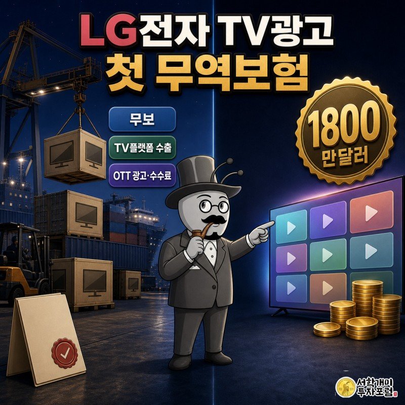 항구에서 실리는 TV 완제품과 화면 속 OTT 아이콘이 대비되는 가운데 개미가 화면을 가리키며 놀란 표정을 짓고 골드 인장 위젯에 1800만달러가 적힌 그림