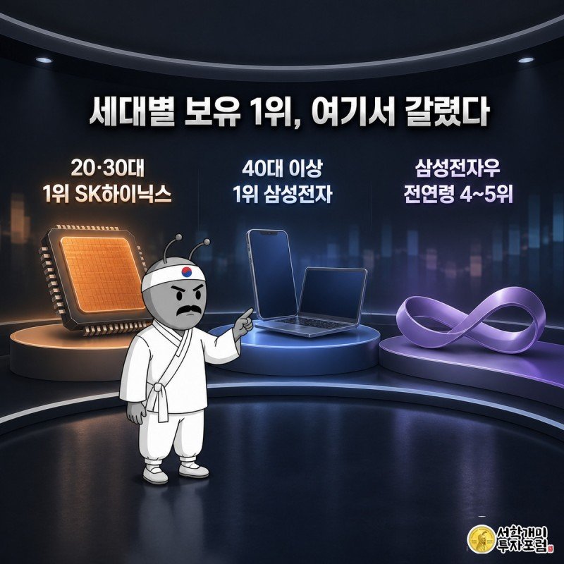 젊은 개미들은 주황색 SK하이닉스 배지를, 중장년 개미들은 파란색 삼성전자 배지를 든 채 나이대별로 늘어선 모습을 그린 정보 일러스트