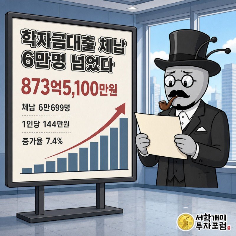 학자금대출 체납액이 치솟는 그래프 앞에서 서민개미가 놀란 표정을 짓는 그림