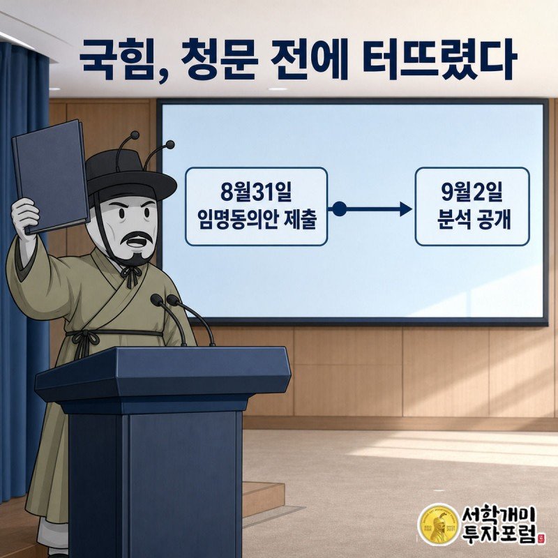 서민개미가 국회 브리핑룸 연단에서 서류를 들고 분노한 표정으로 발언하는 그림, 뒤 스크린에 임명동의안 제출 날짜와 분석 공개 날짜가 표시돼 있다.