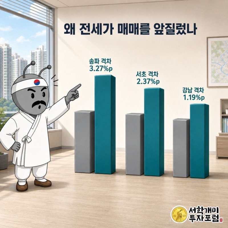 송파·서초·강남 매매·전세 막대그래프 앞에서 가장 큰 격차를 가리키며 놀라는 서민개미