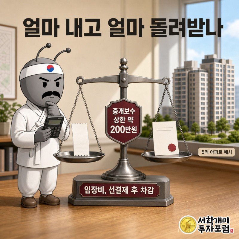 서민개미가 저울에 임장비 영수증과 계약서를 올려 균형을 확인하는 클로즈업 삽화