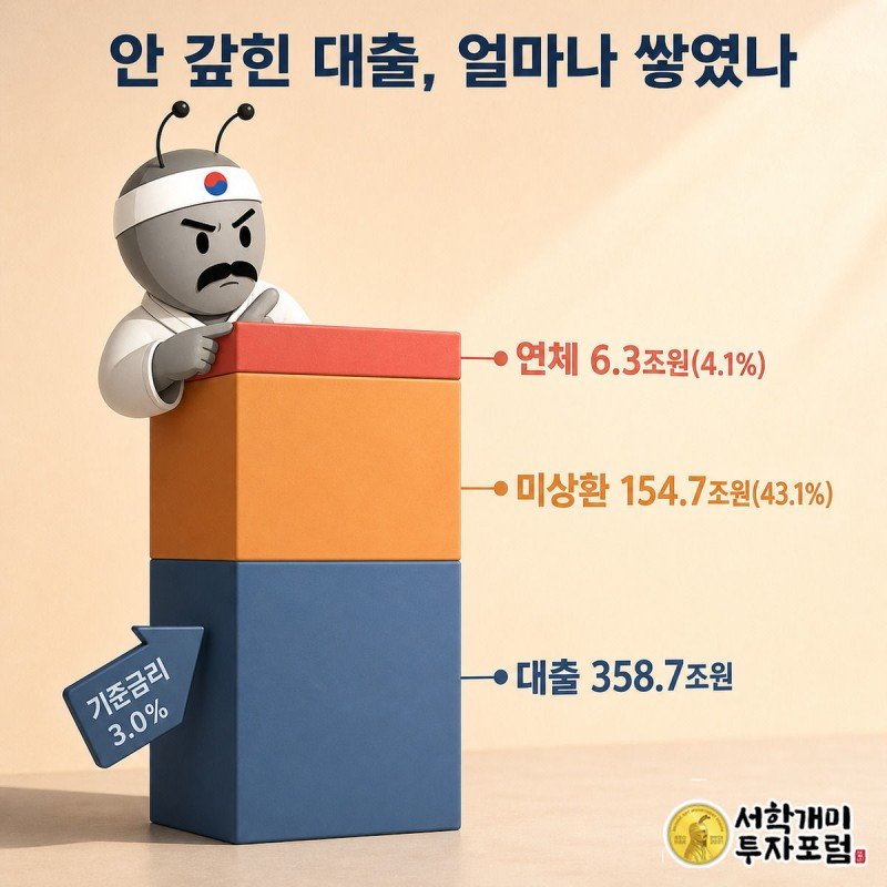 358.7조원 대출 막대그래프 위에서 미상환·연체 구간을 손가락으로 짚는 서민개미