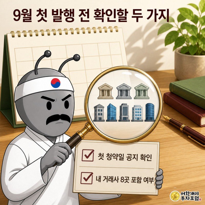 개미가 9월 달력 위에서 돋보기로 체크리스트와 참여 금융사 명단을 대조하는 그림