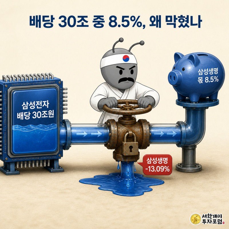 삼성전자 탱크에서 삼성생명 저금통으로 이어지는 배당 파이프 중간 밸브를 개미가 낭패한 표정으로 붙잡고 흔드는 장면