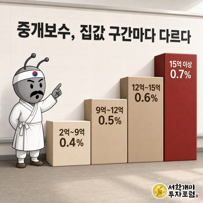 서민개미가 매매가 구간별 중개보수 상한요율이 계단식으로 오르는 그래프를 가리키는 삽화