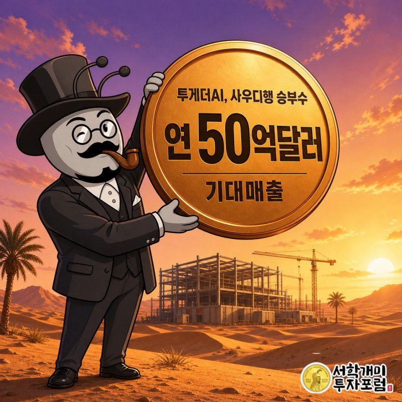 정장을 입은 부자개미가 사우디 사막의 노을을 배경으로 