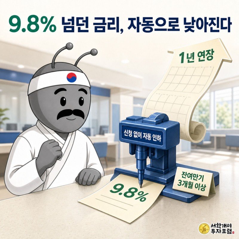신한은행 개미 은행원이 대출 서류의 높은 금리를 지우고 9.8%로 고쳐 쓰는 동안 고객 개미가 안도하는 모습