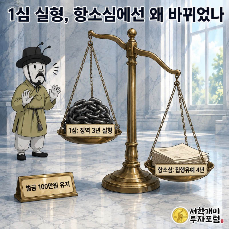 저울 왼쪽 실형 팻말보다 오른쪽 집행유예 팻말이 무거워 기울어지고 서민개미가 낭패한 표정으로 지켜보는 그림