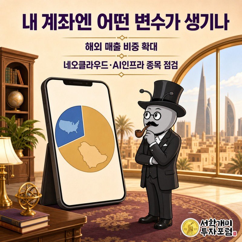 서민개미가 증권 앱 화면 속에서 미국 조각은 줄고 사우디 조각은 커지는 매출 비중 파이차트를 보며 의심스러운 표정을 짓고 있다.