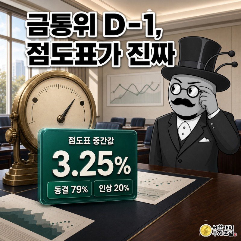 한국은행 금통위 회의실을 배경으로 개미가 대형 게이지 바늘이 3.00%와 3.25% 사이를 가리키는 것을 긴장한 표정으로 바라보는 그림
