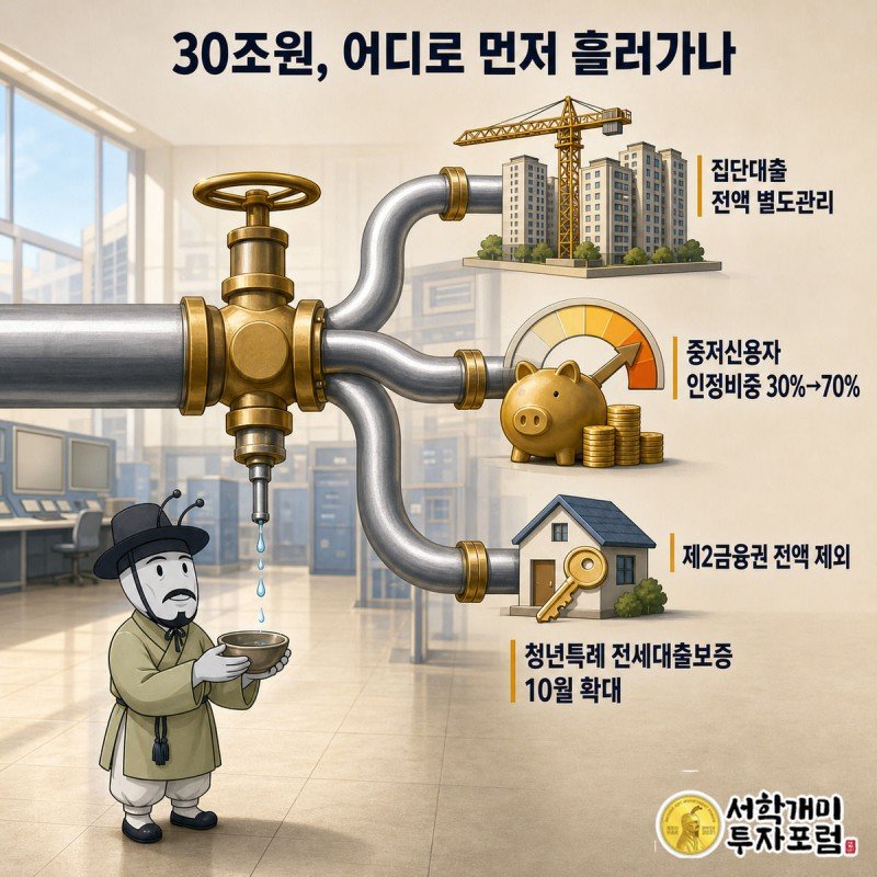 30조원이라 적힌 굵은 파이프가 집단대출과 핀셋지원 쪽으로 대부분 흘러가고, 개미가 가느다란 물줄기만 작은 그릇에 받아내는 모습