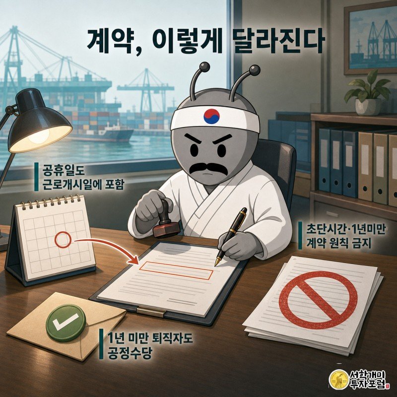 책상 위에서 개미 인사담당자가 계약서에 도장을 찍고, 달력의 공휴일이 근로개시일로 이어지며 초단시간 계약 서류엔 금지 도장이 찍힌 정보 일러스트