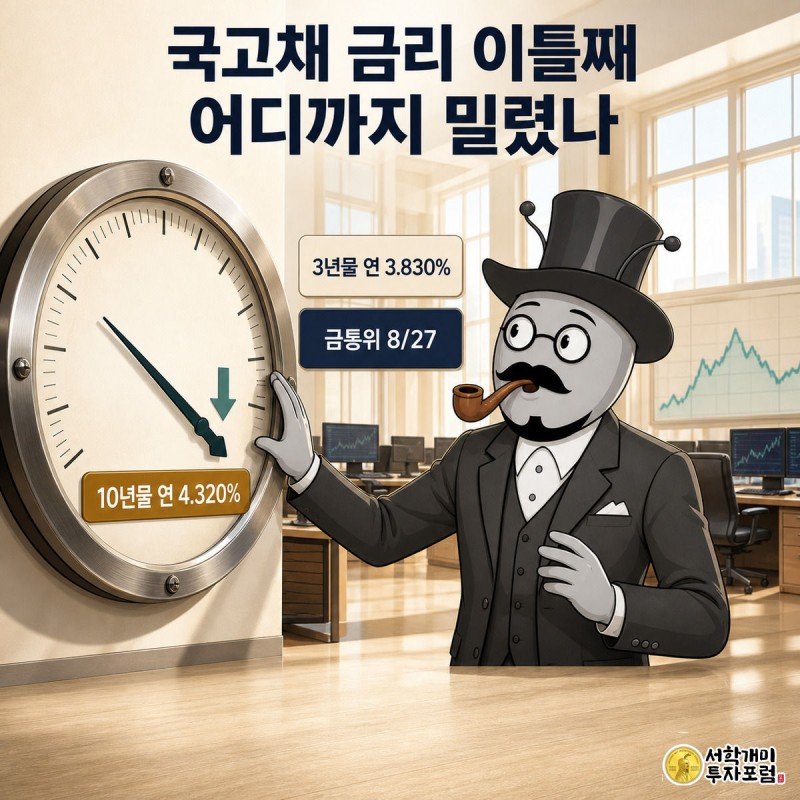 채권 딜링룸에서 개미가 10년물 금리 게이지 바늘이 4.320%를 가리키는 것을 보고 놀란 표정을 짓는 그림