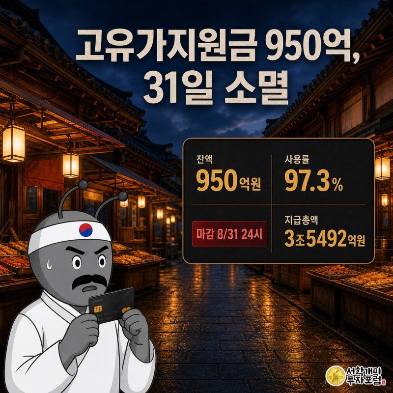 저녁 전통시장 골목에서 개미가 신용카드를 쥔 채 다급한 표정으로 서 있고, 화면 위에는 고유가지원금 950억원이 31일 소멸된다는 제목과 수치 위젯이 떠 있다