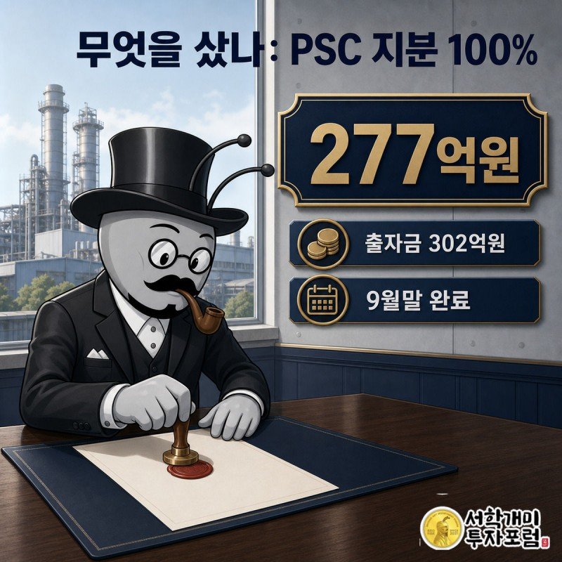 부자개미가 인수 계약서에 도장을 찍고 있고, 277억원 인수대금과 302억원 출자금, 9월말 완료라는 라벨이 붙어 있는 그림