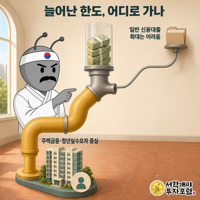 돈다발이 주택금융·청년실수요자 표지판 쪽으로 굵게 흐르고 일반신용대출 쪽엔 가늘게 흐르는 모습을 양반개미가 가리킨다
