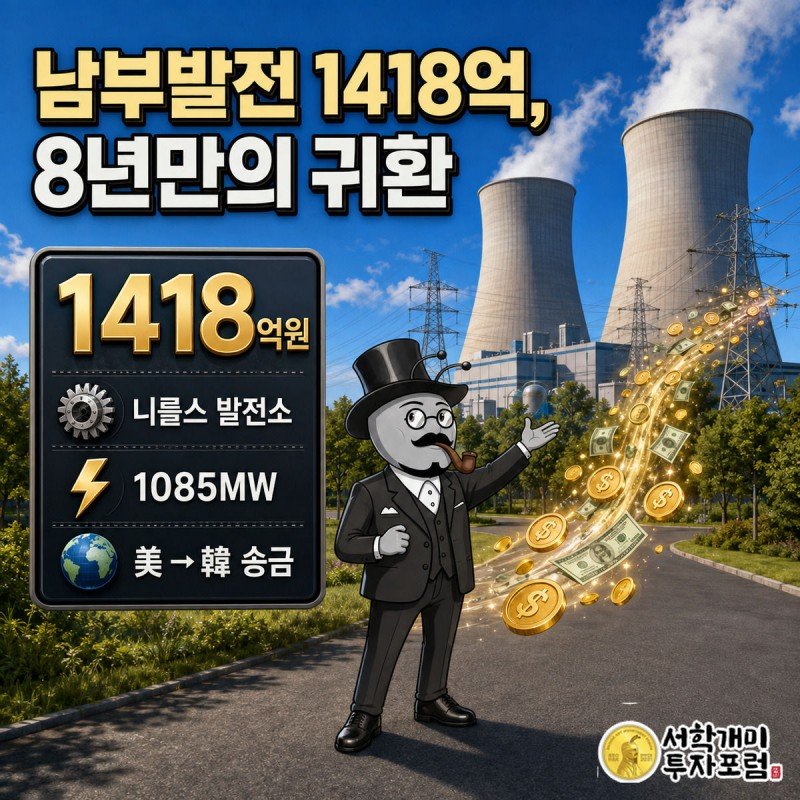 미국 니를스 발전소를 배경으로 부자개미가 태평양을 건너오는 금빛 달러 흐름을 흐뭇하게 바라보는 모습, 1418억원 수치 배지가 표시된 커버 이미지