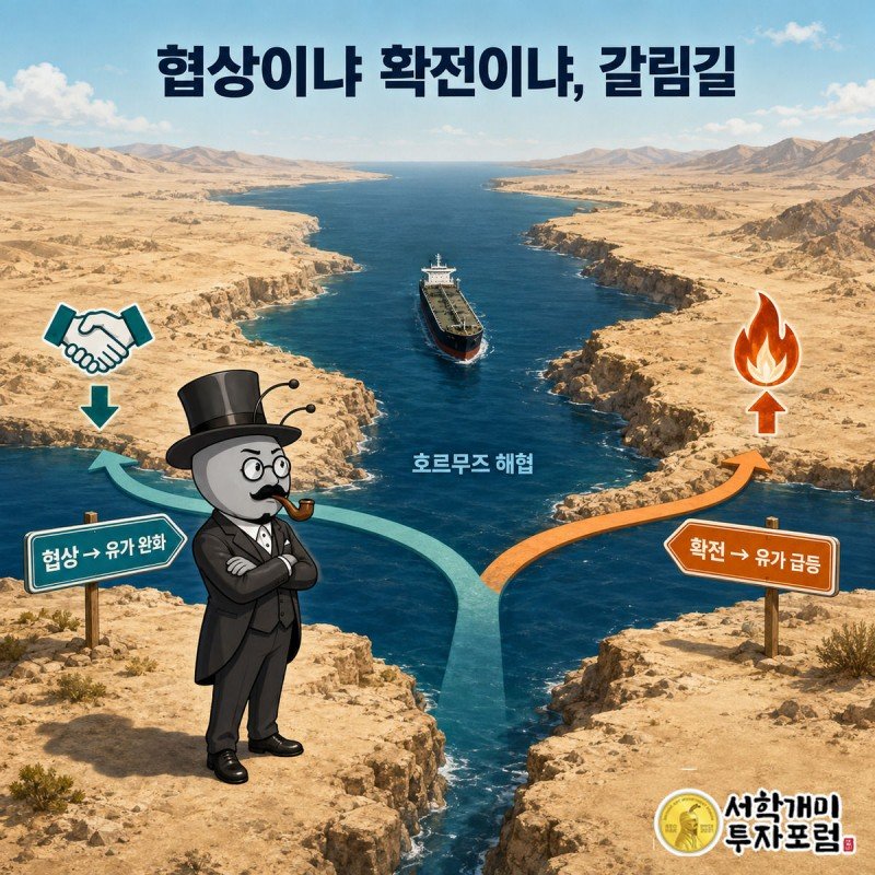 호르무즈 해협 지도 앞에서 협상과 확전 두 갈래 길을 놓고 고민하는 개미