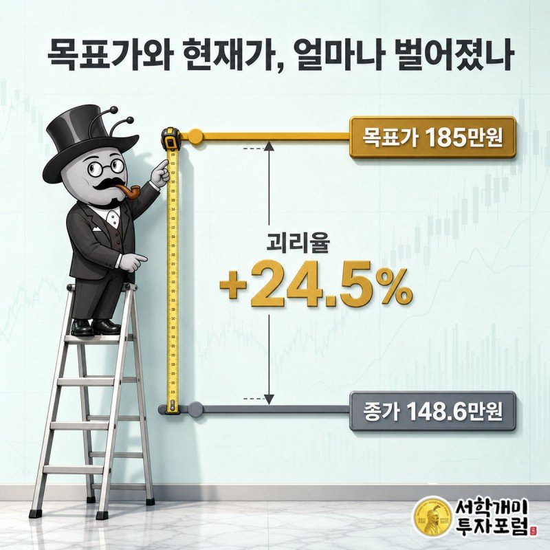 목표주가 185만원과 종가 148만6천원 사이 간격을 줄자로 재는 그림