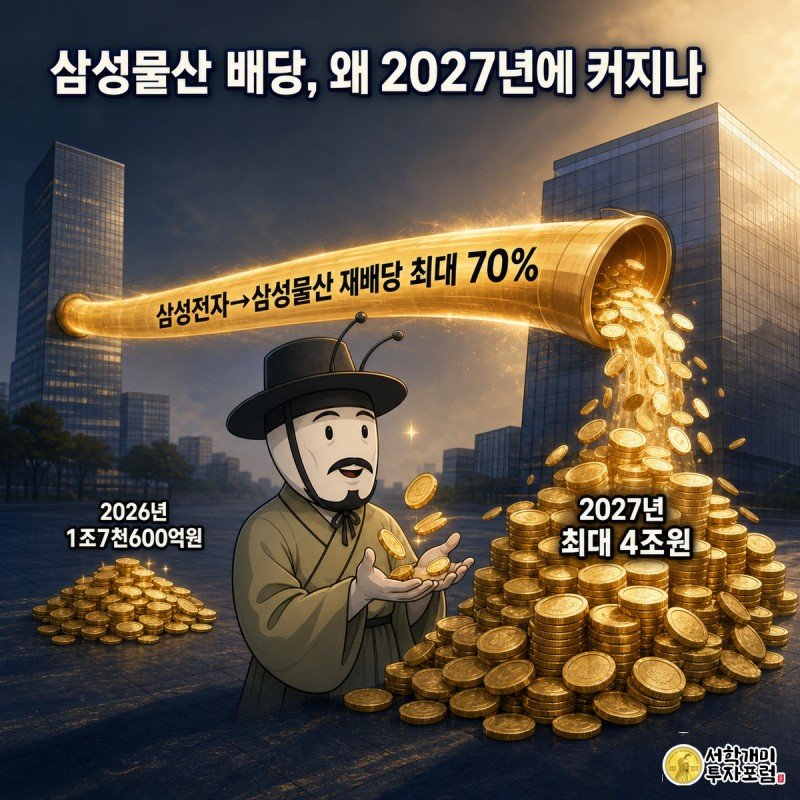 삼성전자 사옥에서 삼성물산 사옥으로 이어지는 금빛 배당 파이프라인이 2026년보다 2027년에 훨씬 굵어져 쏟아지고 개미가 놀란 표정으로 두 손으로 받아내는 그림
