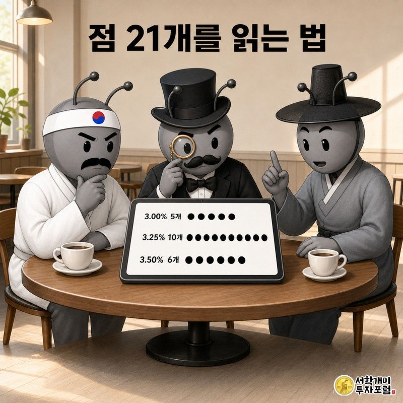 금통위 점도표 보는 법 — 5월과 8월 비교표로 30초 정리 — 대화 컷(카페 테이블, 태블릿에 점도표)