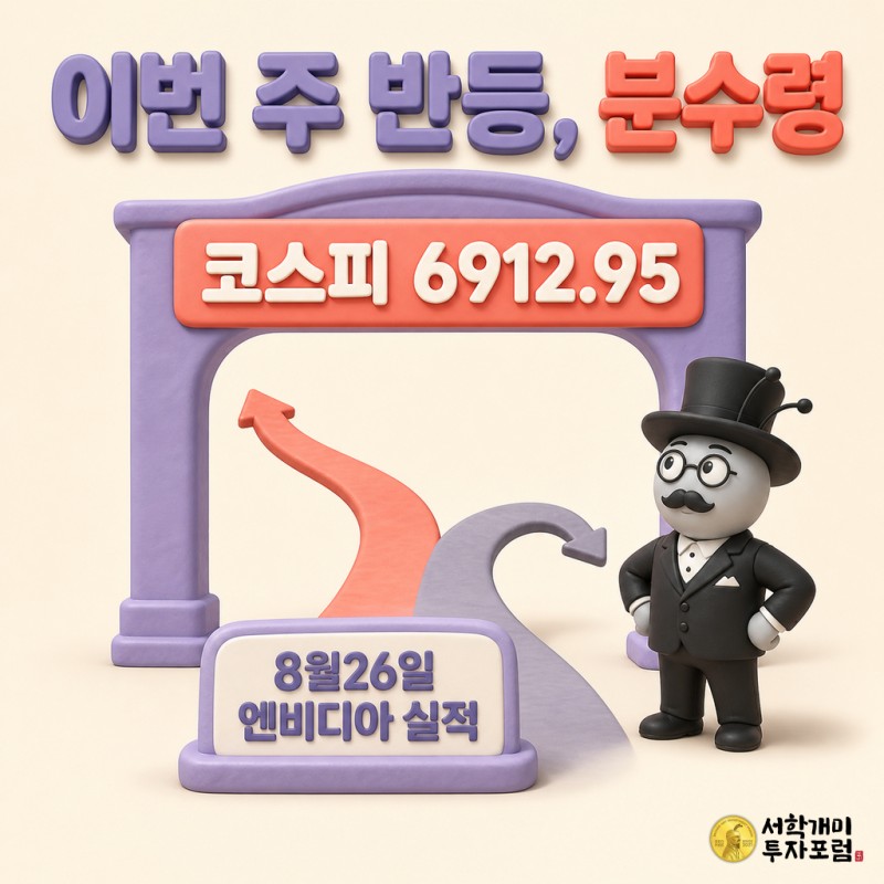 크림색 배경에 파스텔 라벤더 클레이 문이 서 있고 개미 피규어가 문 위 6912.95 숫자판과 8월26일 엔비디아 실적 팻말을 올려다보는 소프트 클레이 3D 커버 이미지