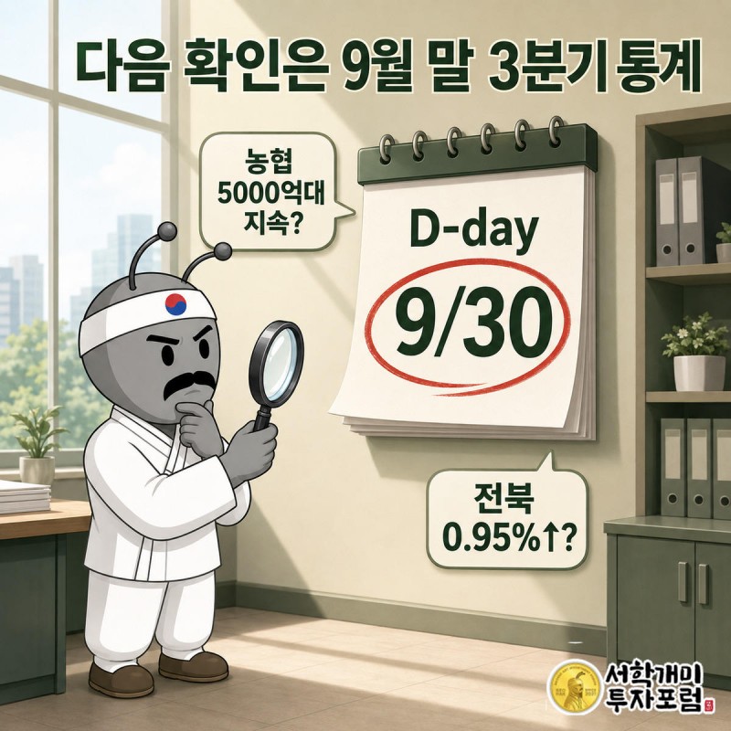 9월 30일에 동그라미 친 달력 앞에서 부자개미가 돋보기를 들고 다음 통계 발표를 기다리는 모습