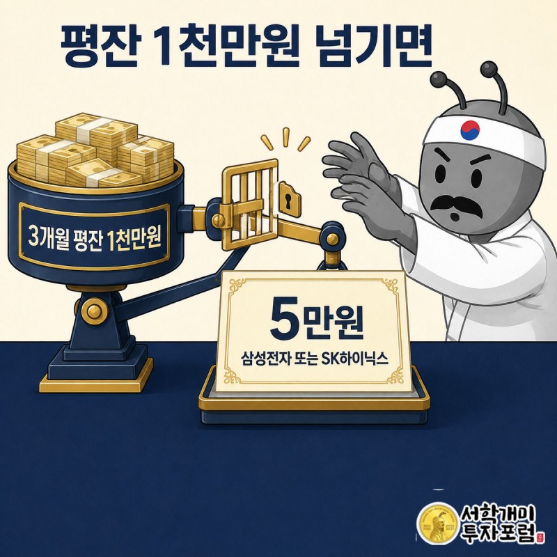 3개월 평균 잔액 1천만원을 넘기면 삼성전자 또는 SK하이닉스 소수점 주식 5만원어치가 지급되는 장면