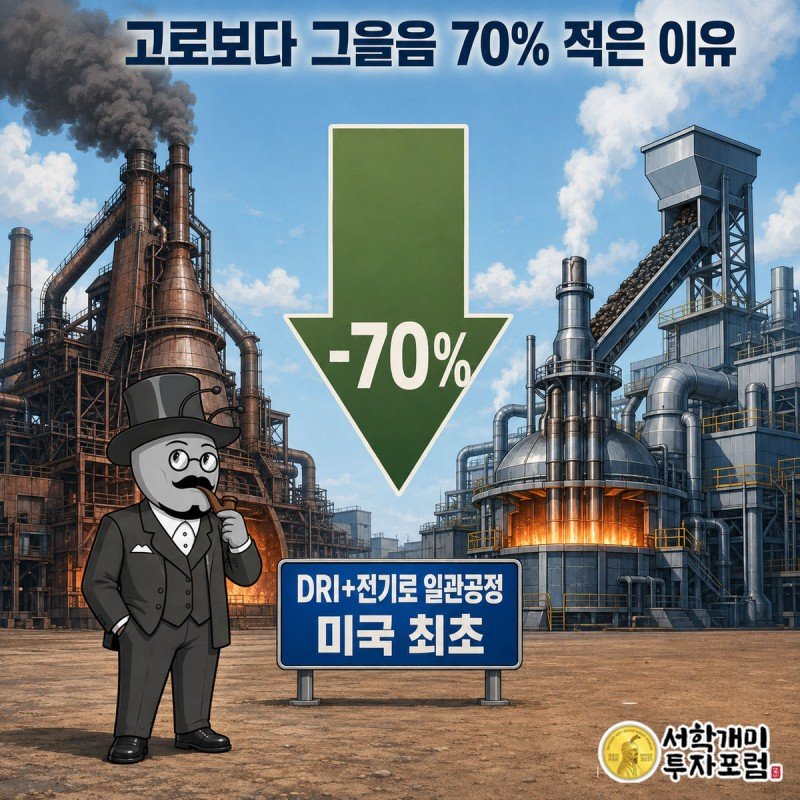 검은 연기를 뿜는 고로와 맑은 김만 나는 전기로를 나란히 비교하고 부자개미가 흡족한 표정을 짓는 장면.