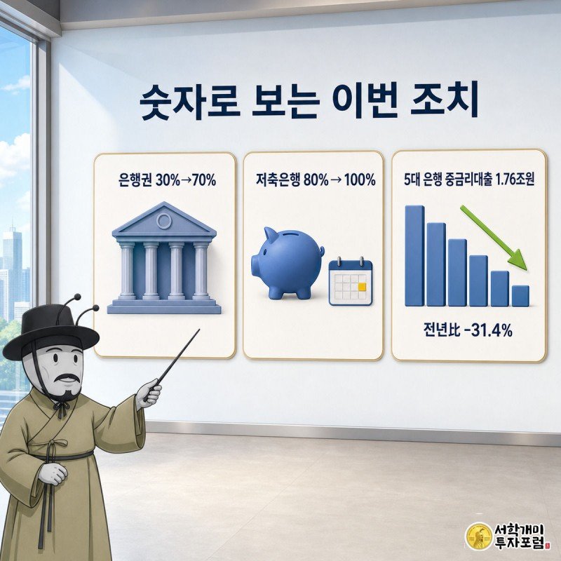은행권과 저축은행의 예외 비율 변화, 5대 은행 중금리대출 공급 감소율을 정리한 데이터 카드 그림