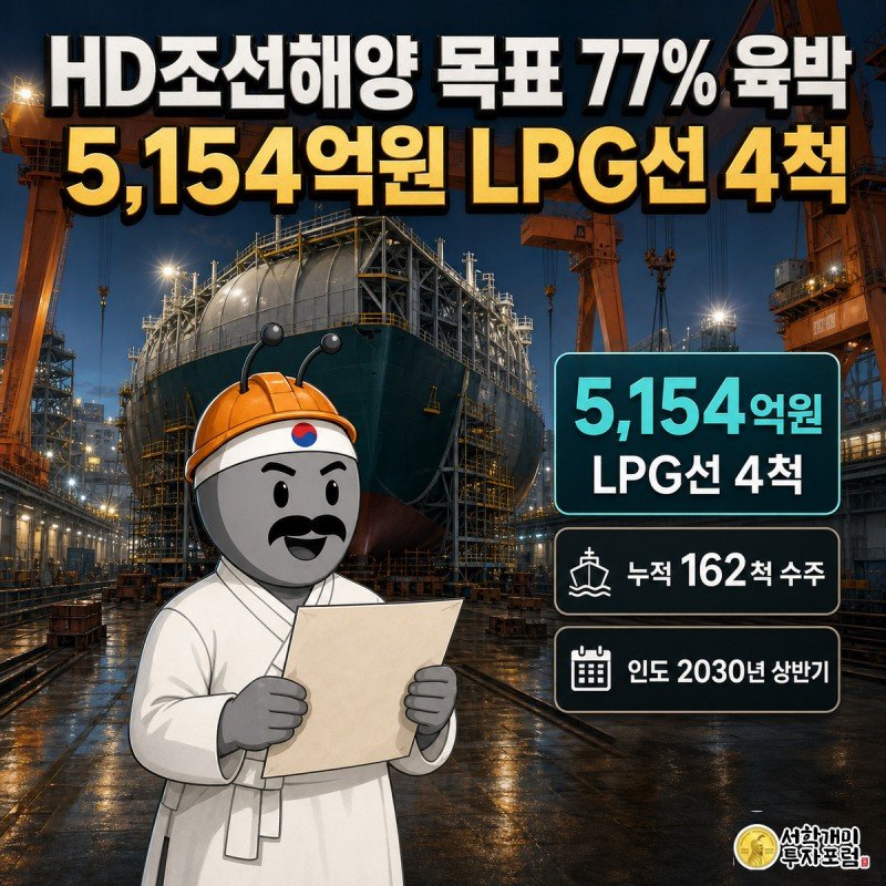조선소 독에서 LPG운반선 골조 앞에 선 개미가 계약서를 들고 뿌듯한 표정을 짓는 그림