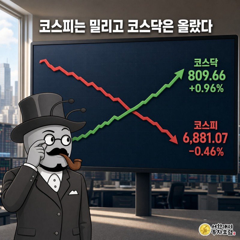 코스피 하락 그래프와 코스닥 상승 그래프가 교차하는 화면 앞에서 개미가 의아한 표정을 짓는 그림