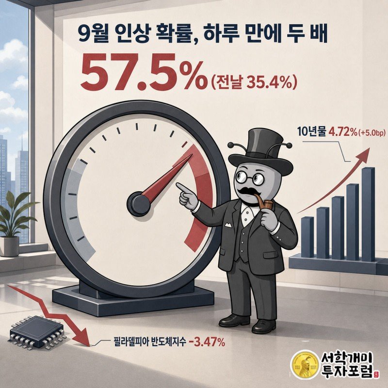금리 인상 확률 다이얼 바늘이 35.4%에서 57.5%로 붉은 구간까지 돌아가고 개미가 의심스러운 표정으로 이를 가리킨다