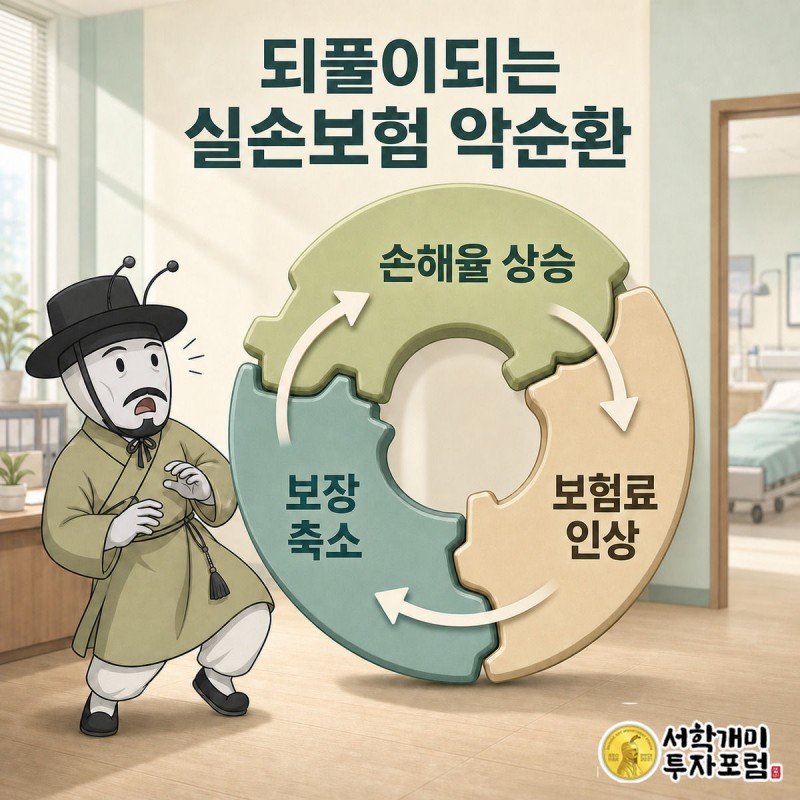 손해율 상승·보험료 인상·보장 축소가 고리처럼 맞물려 도는 순환 다이어그램을 보고 개미가 놀라는 모습