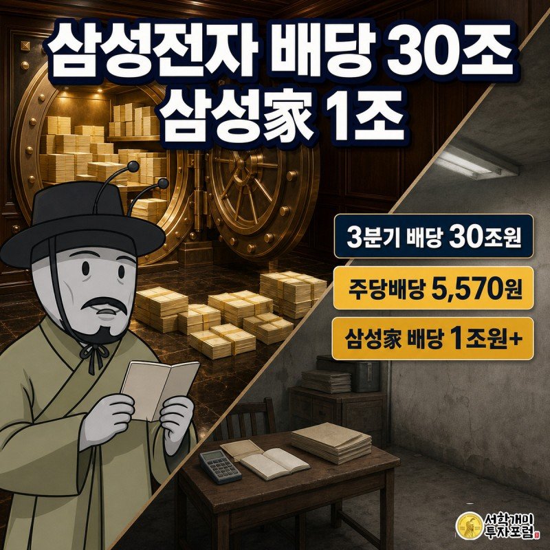화려한 금고 앞에서 미소짓는 삼성家 개미와 좁은 방에서 통장을 확인하며 놀라는 소액주주 개미를 대각선으로 대비시킨 그림