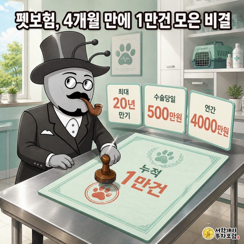 개미 수의사가 강아지 발바닥 도장이 찍힌 펫보험 증서에 도장을 찍고 보장 카드들이 떠 있는 이미지