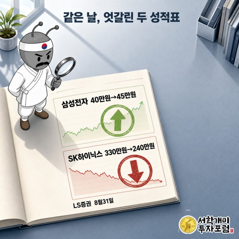 LS증권 리포트 서류 위에 삼성전자는 상승 화살표, SK하이닉스는 하락 화살표 도장이 찍힌 장면을 개미 캐릭터가 살펴보는 그림
