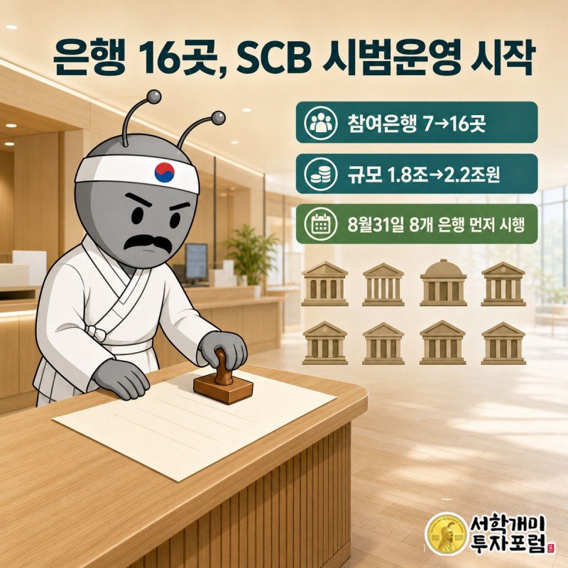 은행 창구에서 서민개미가 여신거래약정서에 도장을 찍고, 참여은행이 7곳에서 16곳으로 늘어난 숫자가 화살표로 표시돼 있다