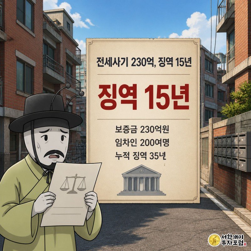 벽돌색 다가구주택 거리 앞에서 개미가 판결문을 들고 낭패한 표정을 짓고 있고, 화면 중앙에 