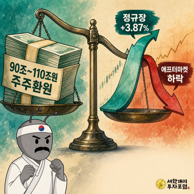 삼성전자 주주환원 규모와 정규장 상승 뒤 애프터마켓 하락을 비교한 그림