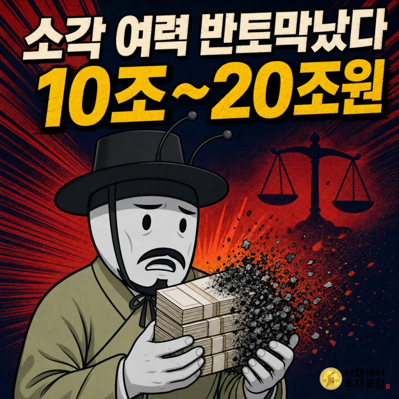 놀란 표정의 삼성전자 개미가 절반쯤 사라진 자사주 소각 더미를 손에 쥐고 낭패한 얼굴을 하고 있는 팝아트 코믹 표지.