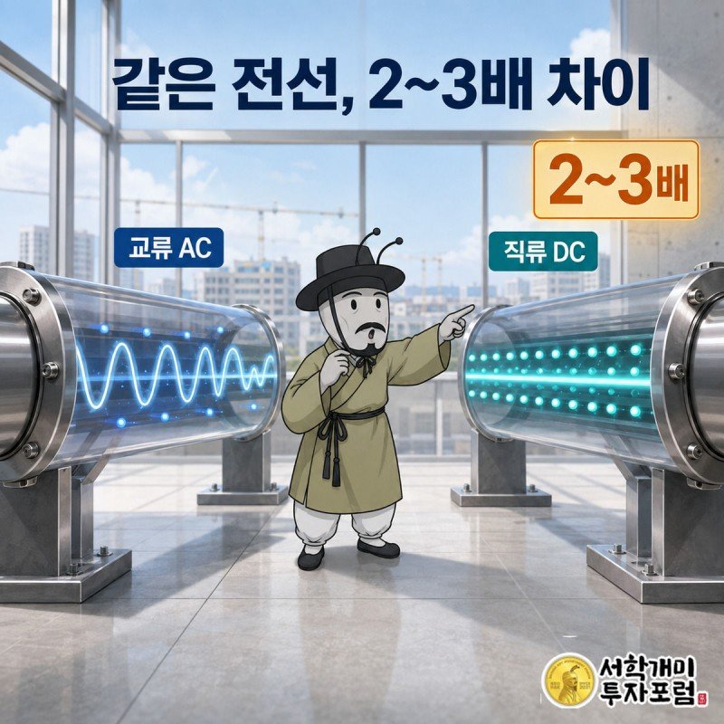 지그재그로 흐르는 교류 전선과 직선으로 촘촘히 흐르는 직류 전선을 비교하며 개미가 직류 쪽을 가리키는 장면, 2~3배라는 수치가 강조돼 있다