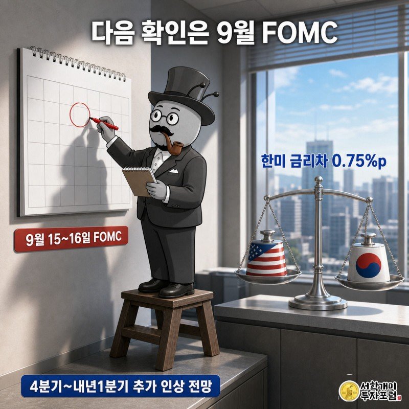 개미가 달력의 9월 FOMC 날짜에 동그라미를 치고 옆의 저울로 한미 금리차를 확인하는 인포그래픽