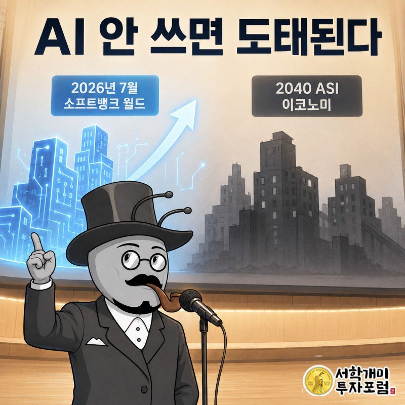 부자개미가 강연 무대에서 AI를 쓰는 기업과 안 쓰는 기업의 명암이 갈린 스크린 앞에 서 있는 모습