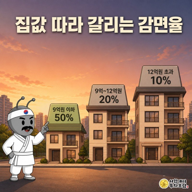크기가 다른 세 채의 집 지붕에 각각 50%, 20%, 10% 감면율 팻말이 붙어 있고, 개미가 가장 작은 집 앞에서 50% 팻말을 가리키며 놀란 표정을 짓고 있다.