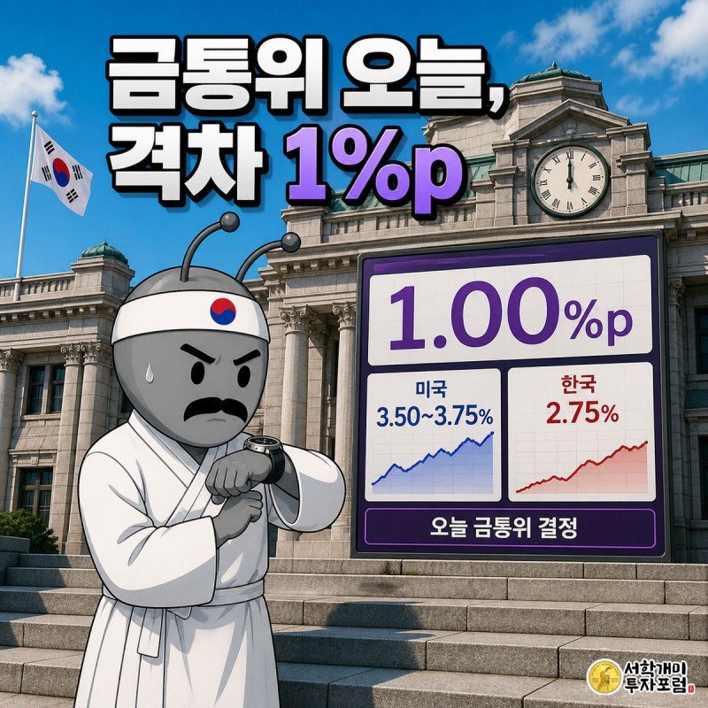 한국은행 본관 앞에서 개미가 시계를 확인하며 긴장한 표정으로 한미 금리차 1%포인트를 알리는 위젯을 바라보는 장면