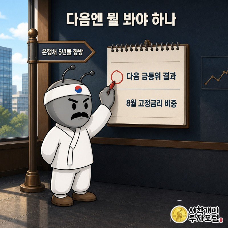 개미가 갈림길 이정표 앞에서 달력의 다음 금융통화위원회 날짜에 동그라미를 치는 모습