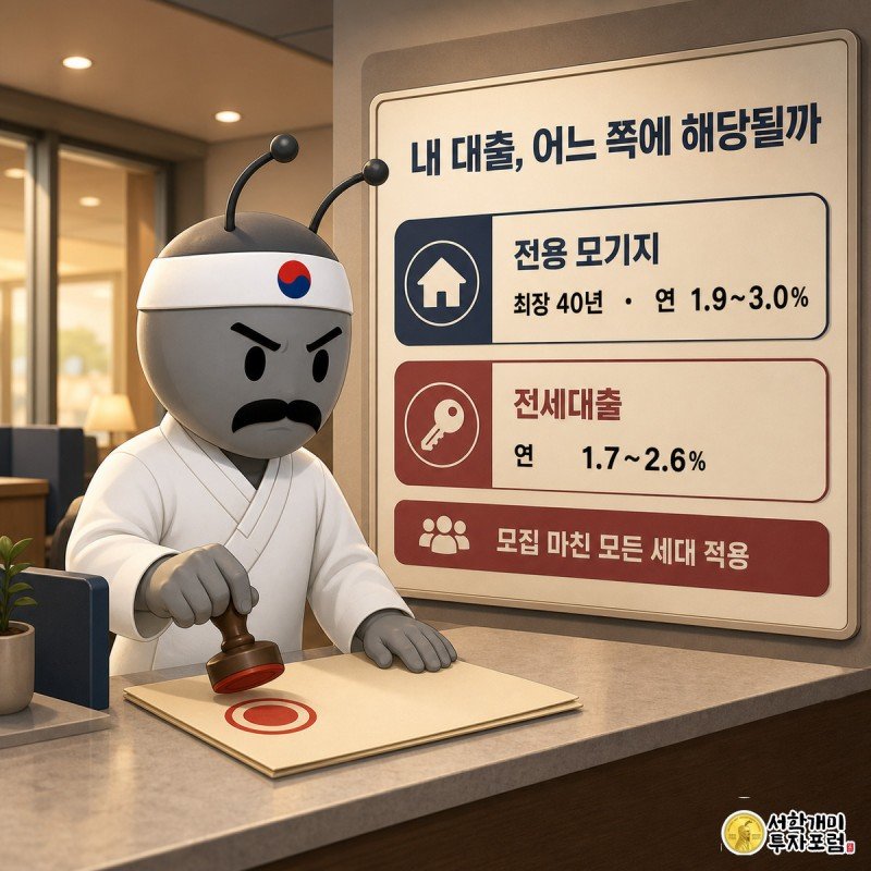 국토교통부 안내창구에서 개미 직원이 서류에 확정 도장을 찍고, 옆 게시판에 전용 모기지와 전세대출의 만기·금리 조건이 나란히 정리된 삽화