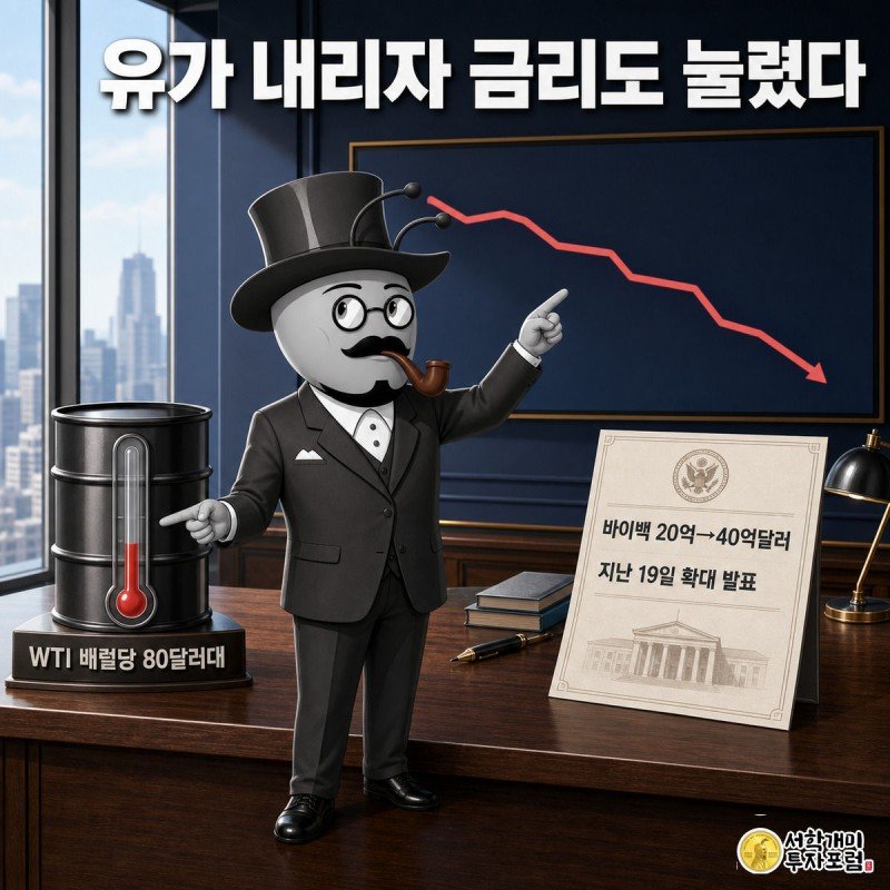 유가 온도계와 재무부 발표문 앞에서 개미가 내려가는 국채금리 그래프를 가리키는 그림